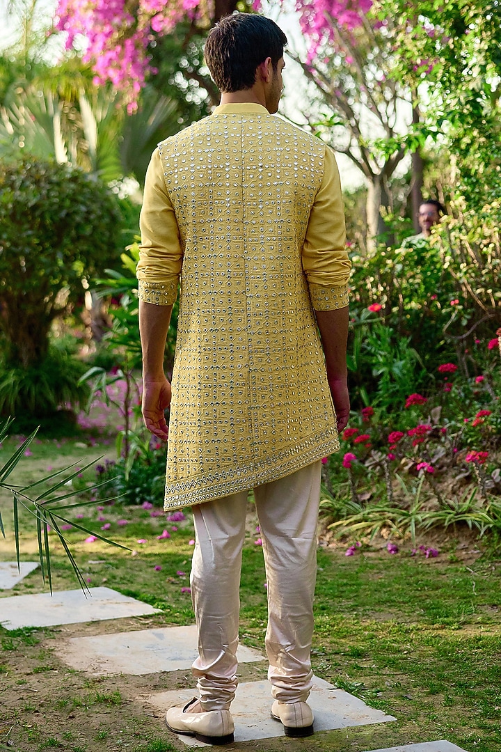 Sunset Yellow Viscose Cotton Silk & Georgette Embroidered Wedding Indowestern Set by Ankit V Kapoor at Pernia's Pop Up Shop