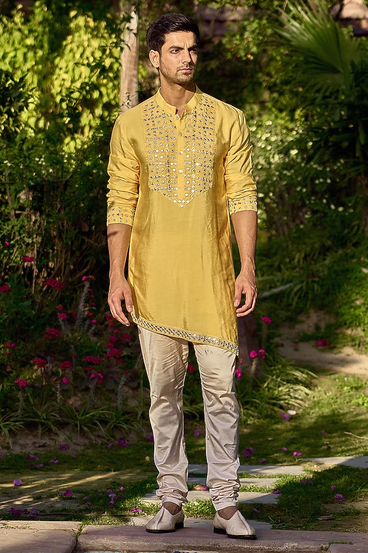 Sunset Yellow Viscose Cotton Silk & Georgette Embroidered Wedding Indowestern Set by Ankit V Kapoor at Pernia's Pop Up Shop