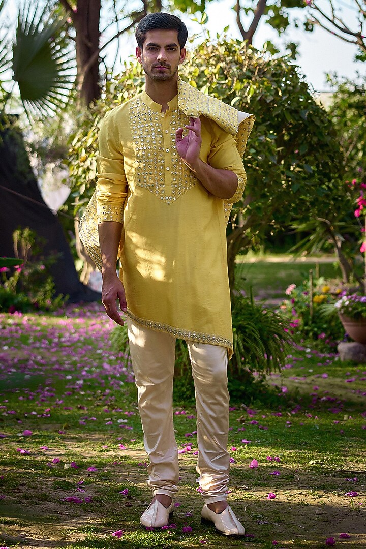 Sunset Yellow Viscose Cotton Silk & Georgette Embroidered Wedding Indowestern Set by Ankit V Kapoor at Pernia's Pop Up Shop
