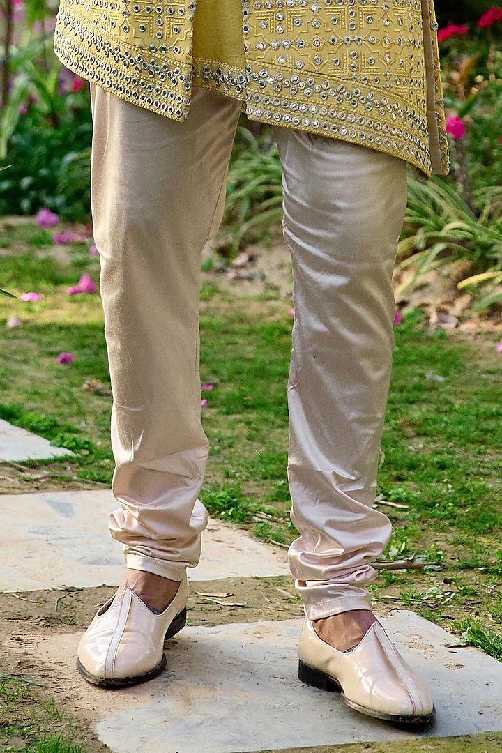 Sunset Yellow Viscose Cotton Silk & Georgette Embroidered Wedding Indowestern Set by Ankit V Kapoor at Pernia's Pop Up Shop