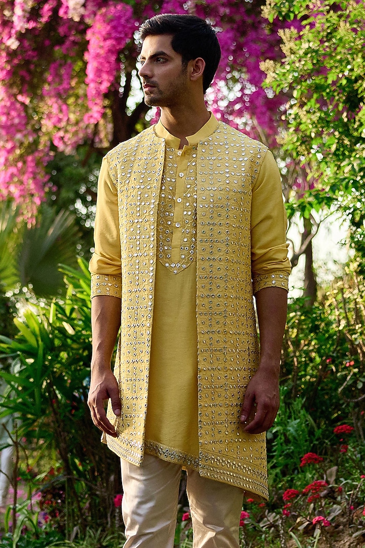 Sunset Yellow Viscose Cotton Silk & Georgette Embroidered Wedding Indowestern Set by Ankit V Kapoor at Pernia's Pop Up Shop