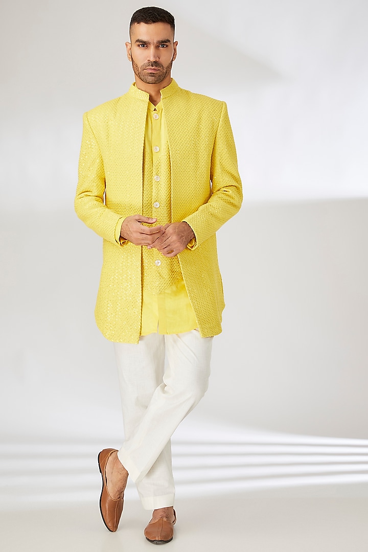 Yellow Viscose Cotton Silk Thread Embroidered Indowestern Set by Ankit V Kapoor