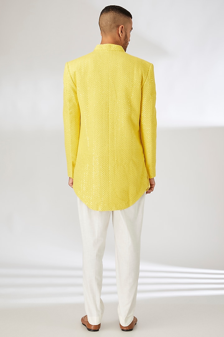 Yellow Viscose Cotton Silk Thread Embroidered Wedding Indowestern Set by Ankit V Kapoor at Pernia's Pop Up Shop