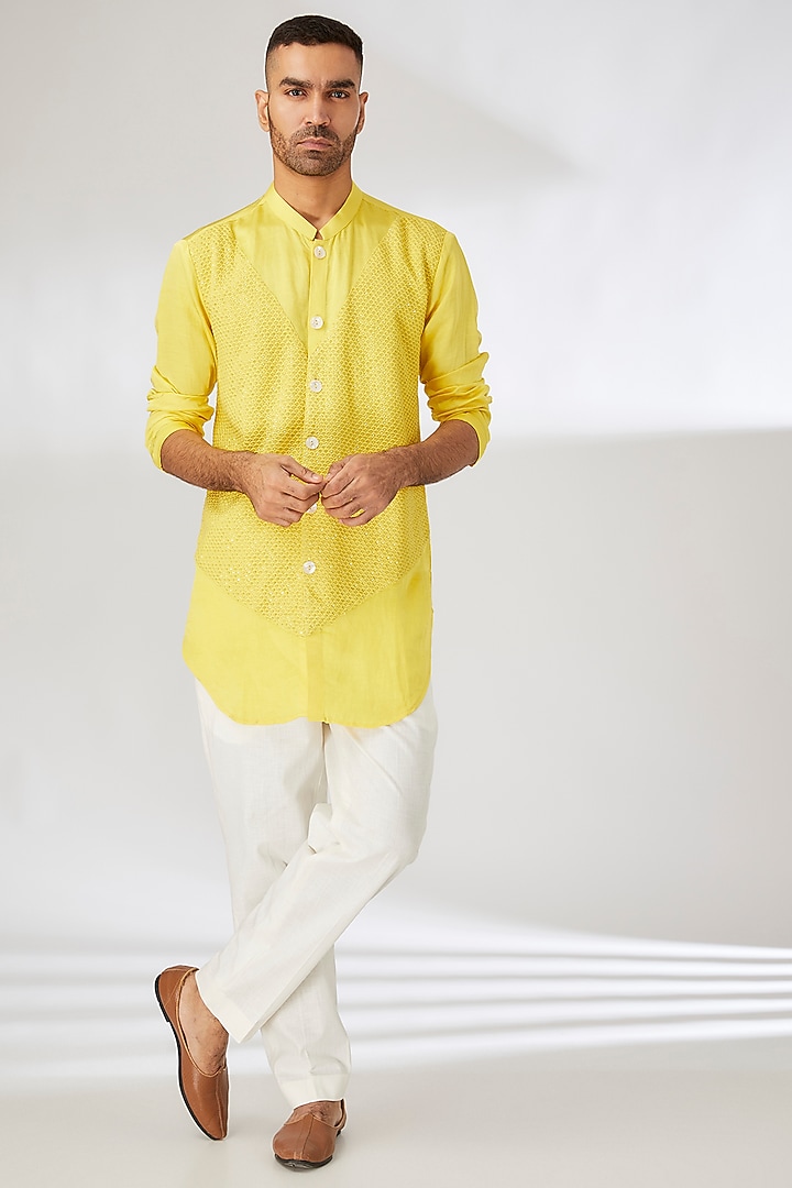Yellow Viscose Cotton Silk Thread Embroidered Wedding Indowestern Set by Ankit V Kapoor at Pernia's Pop Up Shop