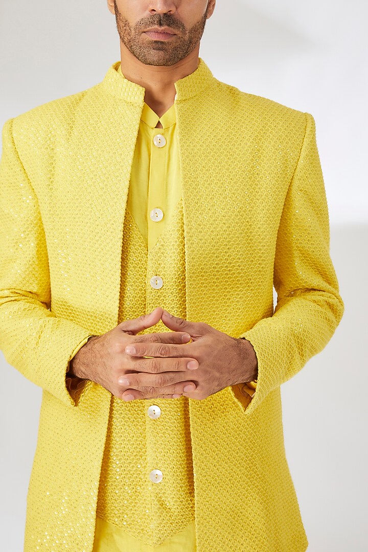 Yellow Viscose Cotton Silk Thread Embroidered Wedding Indowestern Set by Ankit V Kapoor at Pernia's Pop Up Shop