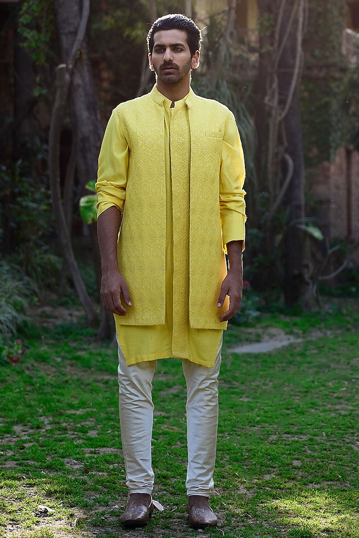 Sunset Yellow Viscose Cotton Silk & Georgette Indowestern Set by Ankit V Kapoor