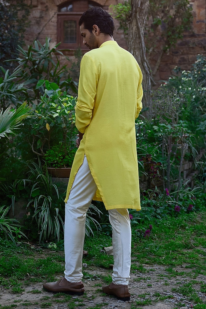 Sunset Yellow Viscose Cotton Silk & Georgette Wedding Indowestern Set by Ankit V Kapoor at Pernia's Pop Up Shop