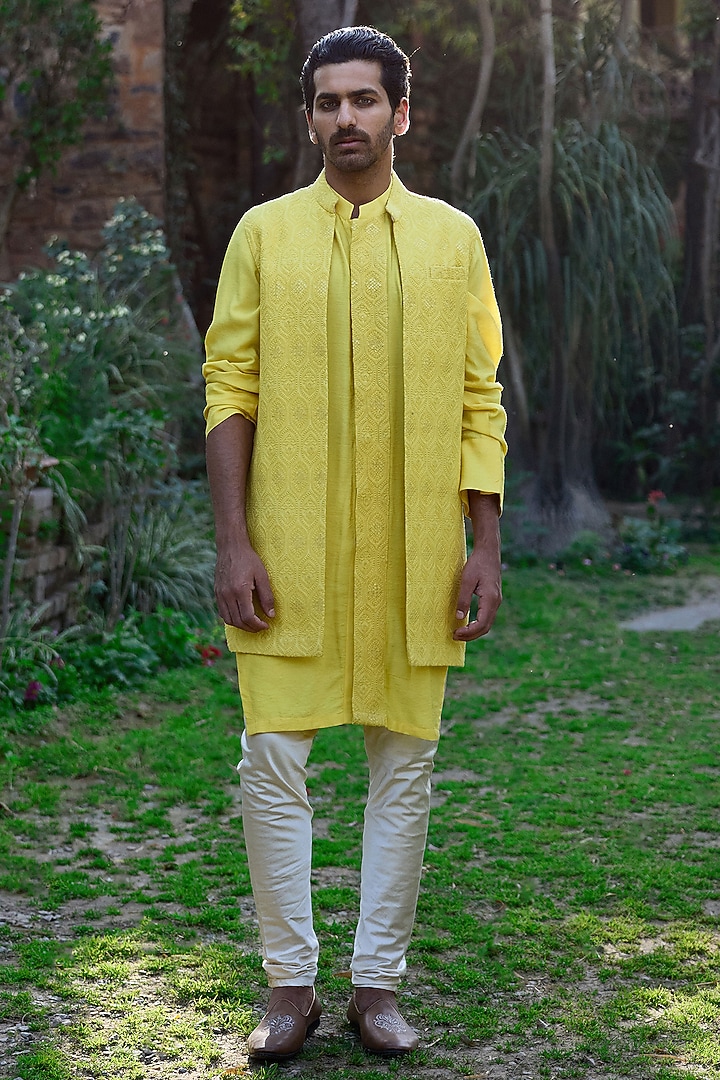 Sunset Yellow Viscose Cotton Silk & Georgette Wedding Indowestern Set by Ankit V Kapoor at Pernia's Pop Up Shop