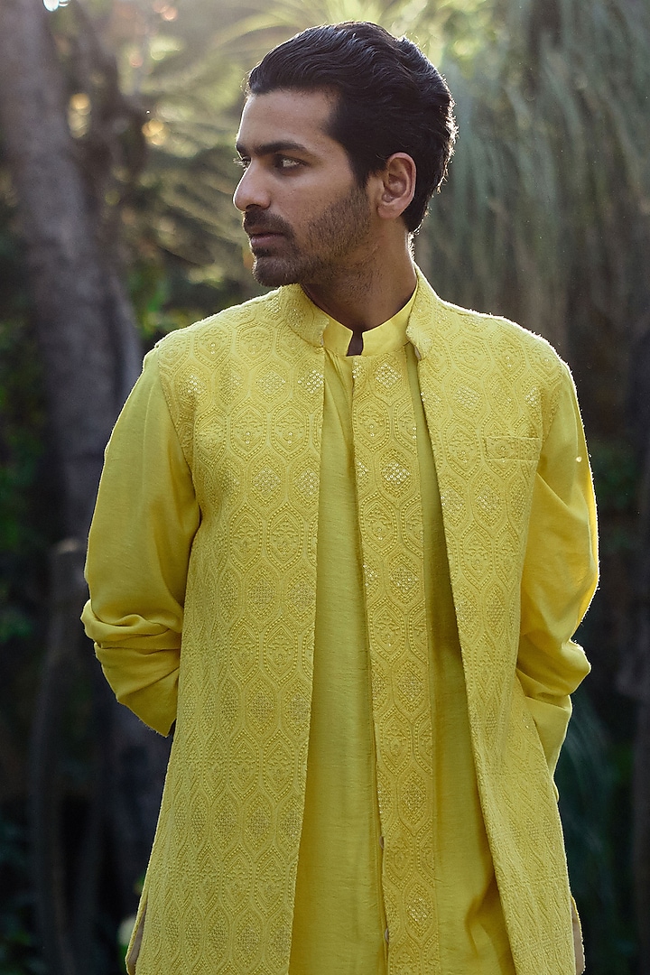 Sunset Yellow Viscose Cotton Silk & Georgette Wedding Indowestern Set by Ankit V Kapoor at Pernia's Pop Up Shop