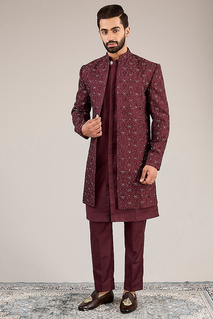 Maroon Viscose Cotton Silk & Georgette Mirror Machine Embroidered Open Indowestern Set by Ankit V Kapoor at Pernia's Pop Up Shop