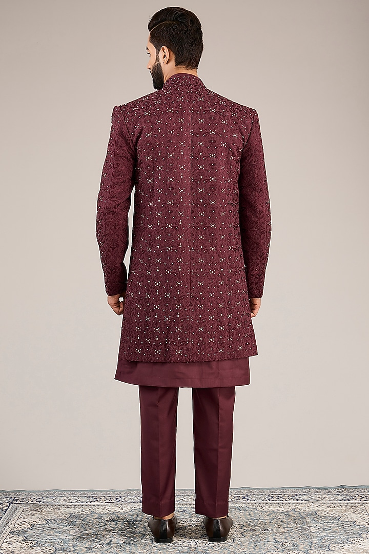 Maroon Viscose Cotton Silk & Georgette Mirror Machine Embroidered Open Wedding Indowestern Set by Ankit V Kapoor at Pernia's Pop Up Shop