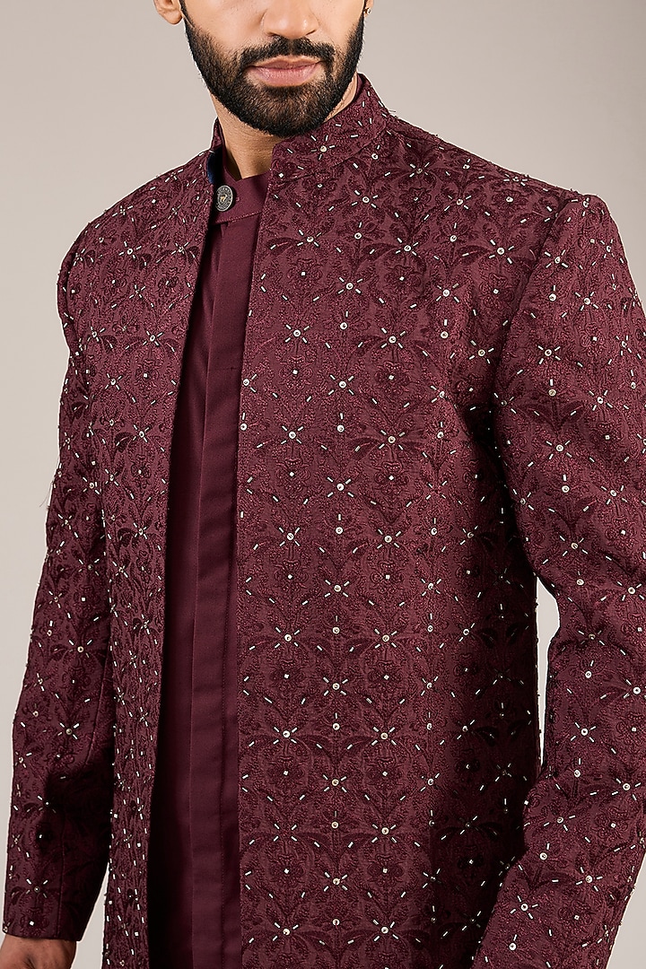 Maroon Viscose Cotton Silk & Georgette Mirror Machine Embroidered Open Wedding Indowestern Set by Ankit V Kapoor at Pernia's Pop Up Shop