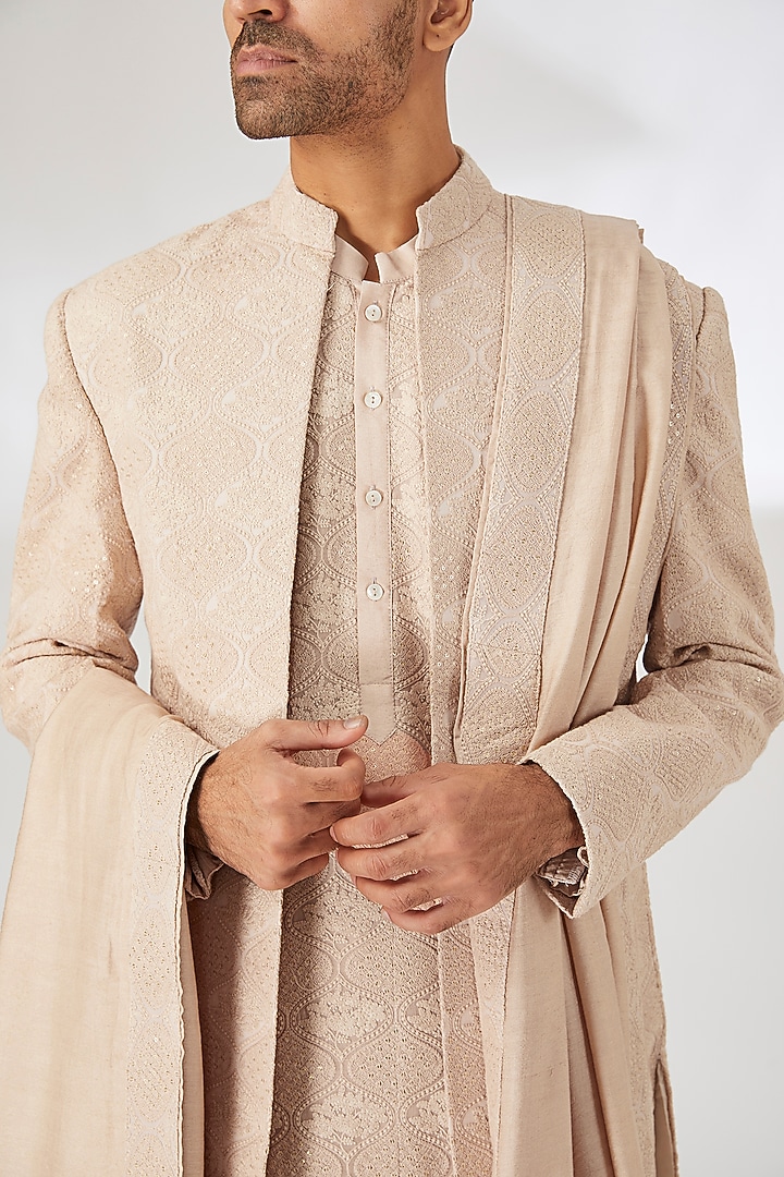 Dusty Rose Viscose Cotton Silk Sequin Embroidered Wedding Indowestern Set by Ankit V Kapoor at Pernia's Pop Up Shop