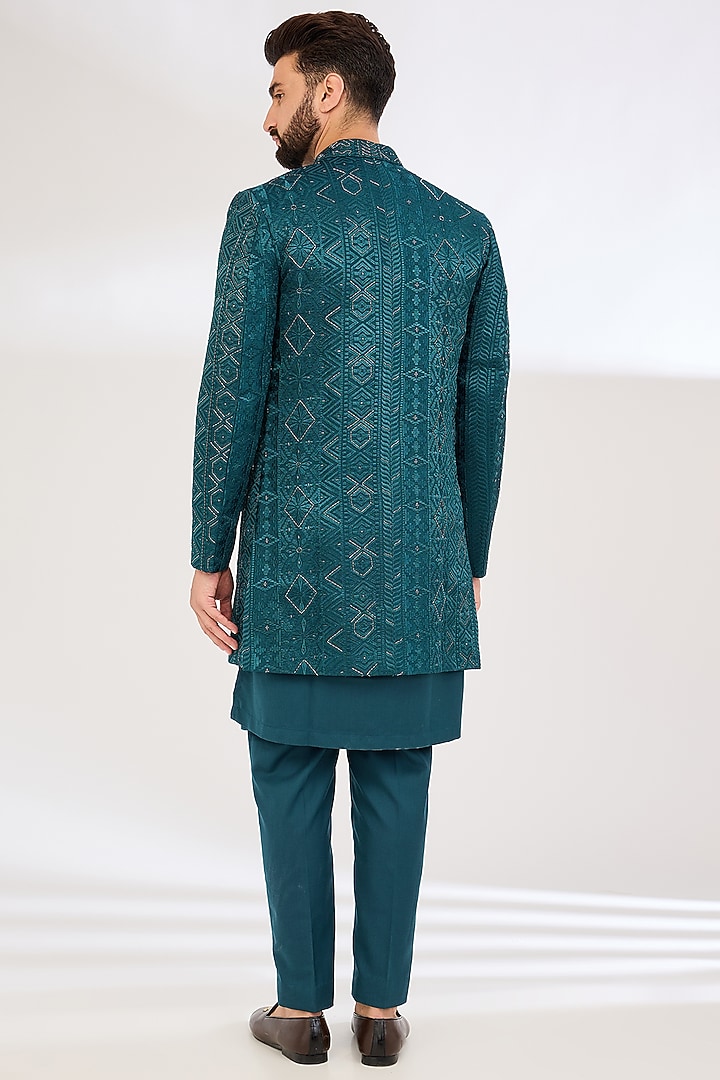 Blue Viscose Cotton Silk & Georgette Embroidered Indowestern Set by Ankit V Kapoor at Pernia's Pop Up Shop