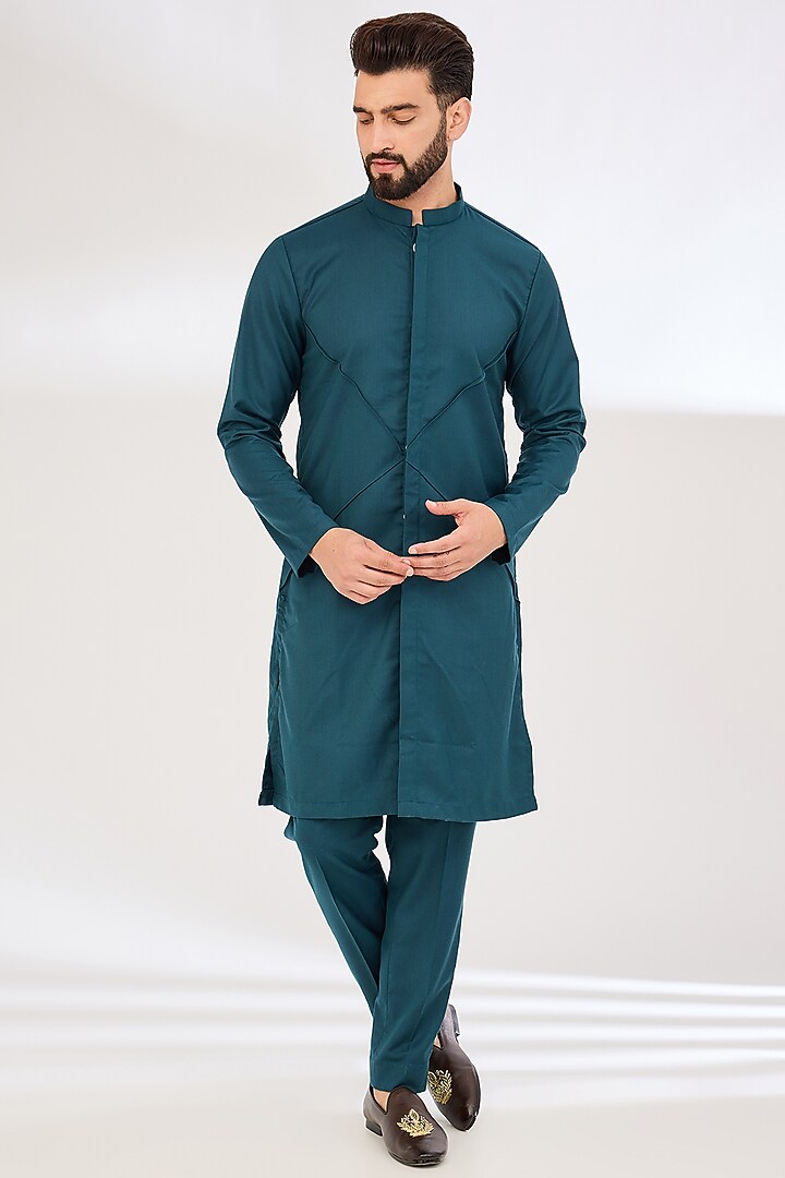 Blue Viscose Cotton Silk & Georgette Embroidered Indowestern Set by Ankit V Kapoor at Pernia's Pop Up Shop