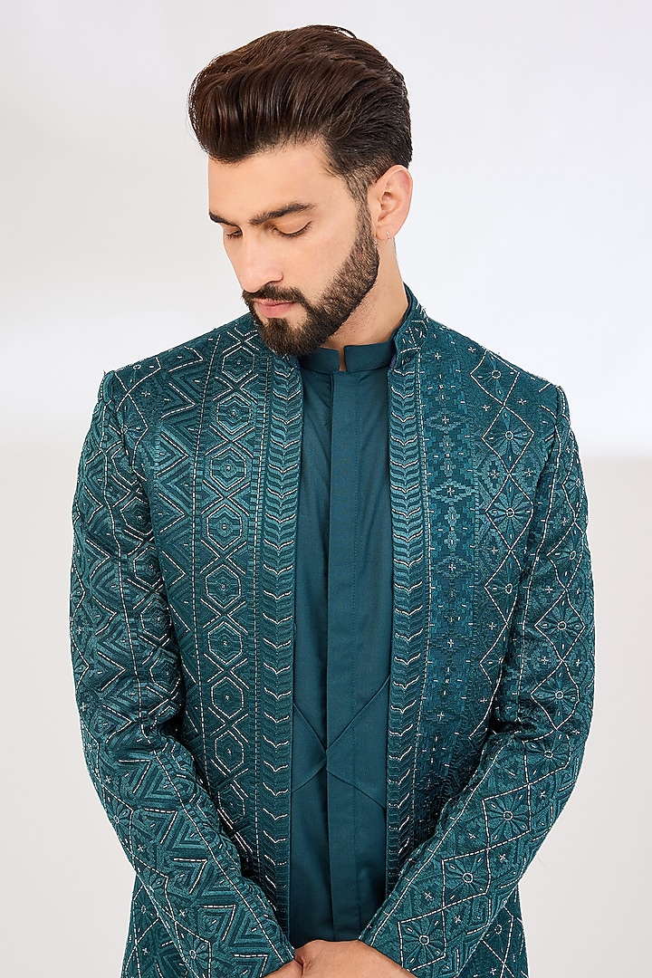 Blue Viscose Cotton Silk & Georgette Embroidered Indowestern Set by Ankit V Kapoor at Pernia's Pop Up Shop