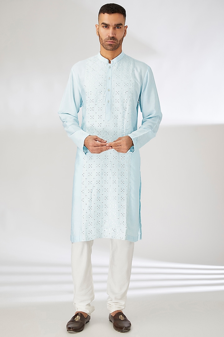 Powder Blue Georgette Mirror Embroidered Kurta Set by Ankit V Kapoor at Pernia's Pop Up Shop