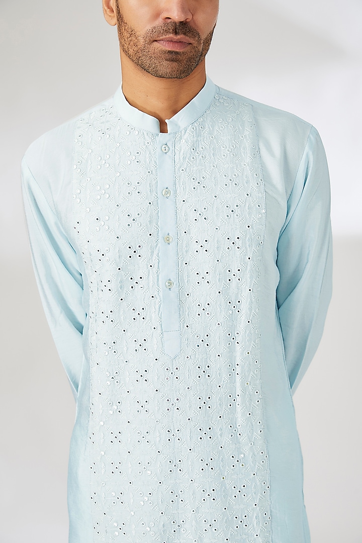 Powder Blue Georgette Mirror Embroidered Kurta Set by Ankit V Kapoor at Pernia's Pop Up Shop