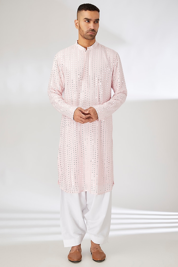 Powder Pink Cotton Silk Mirror Embroidered Kurta Set by Ankit V Kapoor