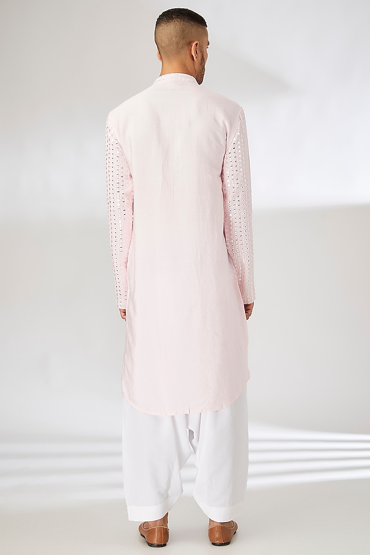 Powder Pink Cotton Silk Mirror Embroidered Kurta Set by Ankit V Kapoor at Pernia's Pop Up Shop
