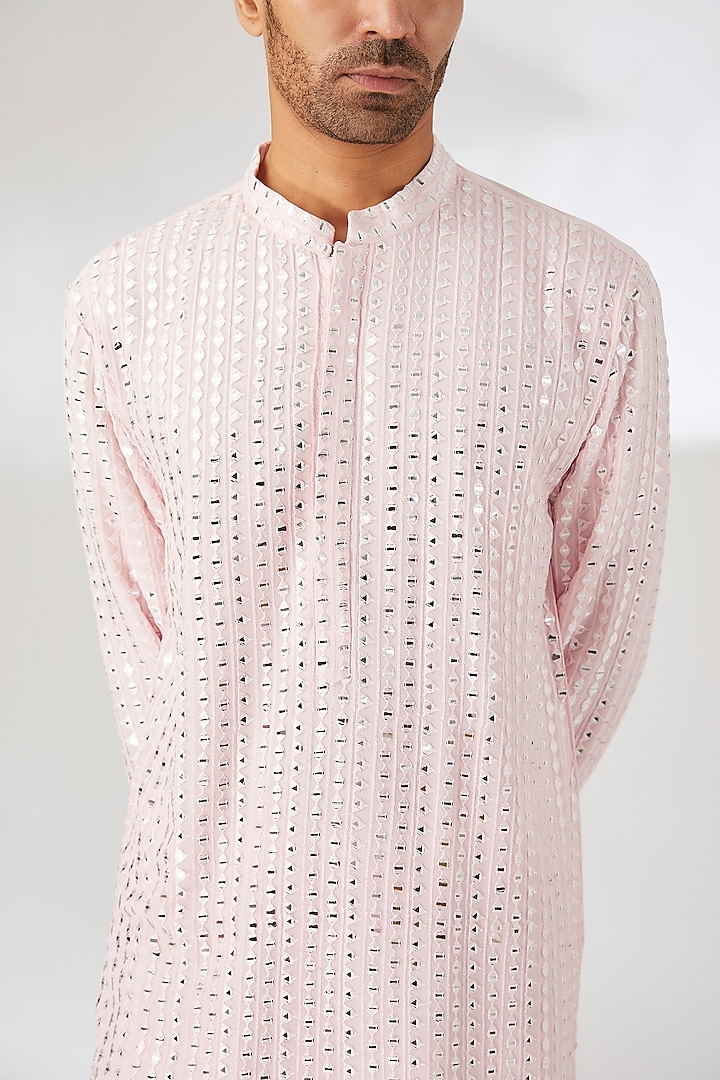 Powder Pink Cotton Silk Mirror Embroidered Kurta Set by Ankit V Kapoor at Pernia's Pop Up Shop