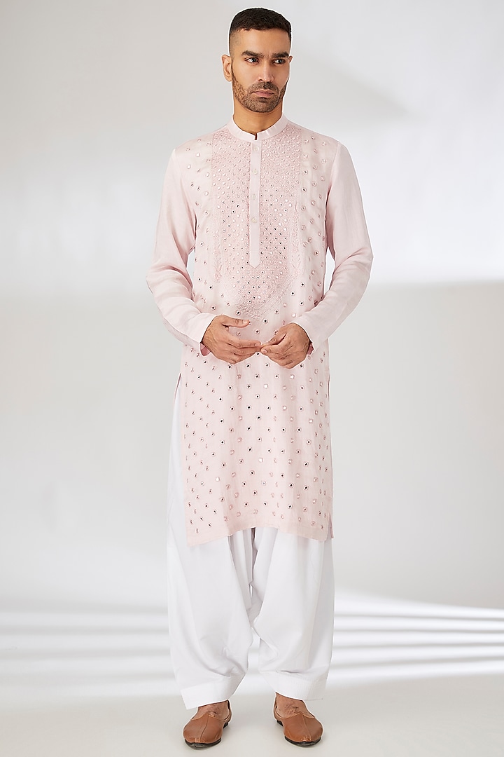 Powder Pink Linen Cotton Silk Mirror Embroidered Kurta Set by Ankit V Kapoor