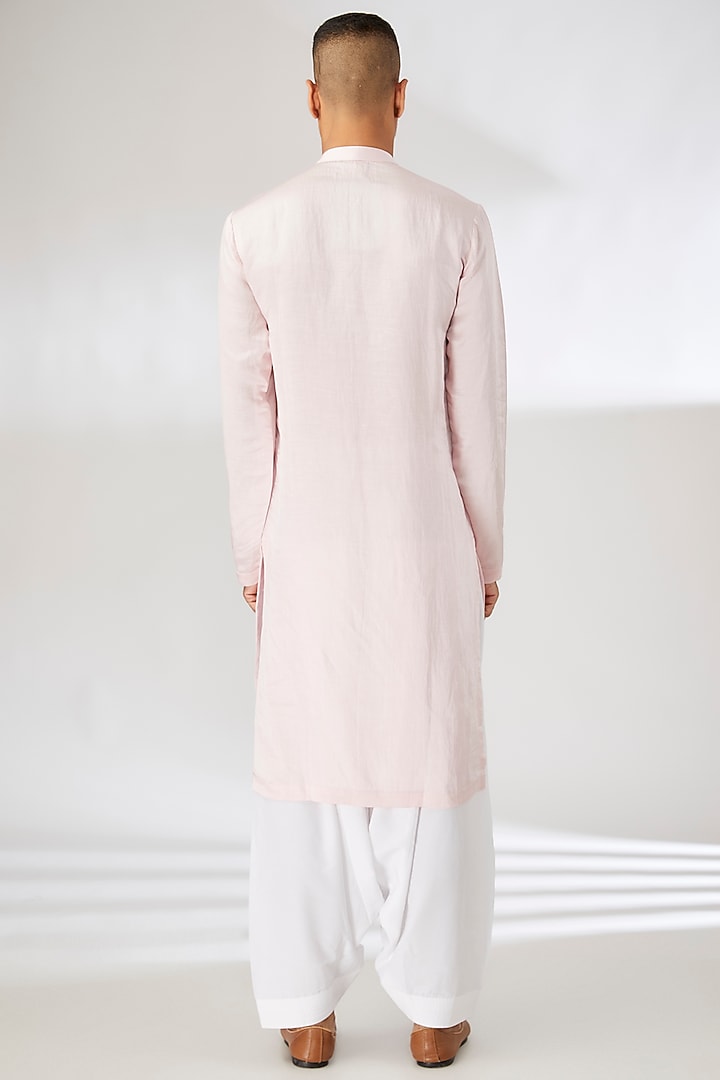 Powder Pink Linen Cotton Silk Mirror Embroidered Kurta Set by Ankit V Kapoor at Pernia's Pop Up Shop