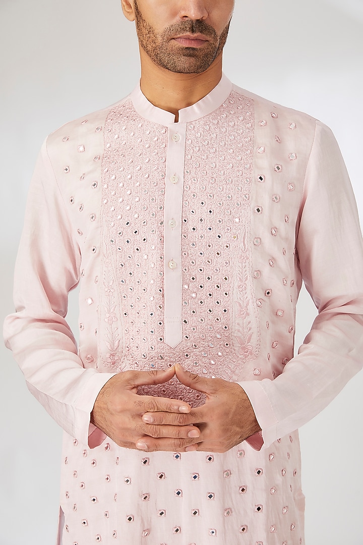 Powder Pink Linen Cotton Silk Mirror Embroidered Kurta Set by Ankit V Kapoor at Pernia's Pop Up Shop