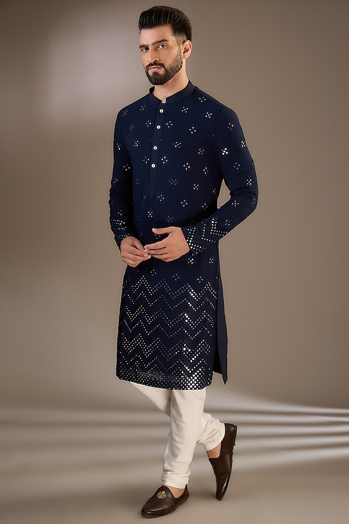 Navy Blue Georgette Mirror & Machine Embroidered Kurta Set by Ankit V Kapoor