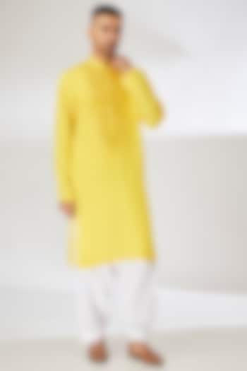 Yellow Linen Cotton Silk Mirror Embroidered Kurta Set by Ankit V Kapoor