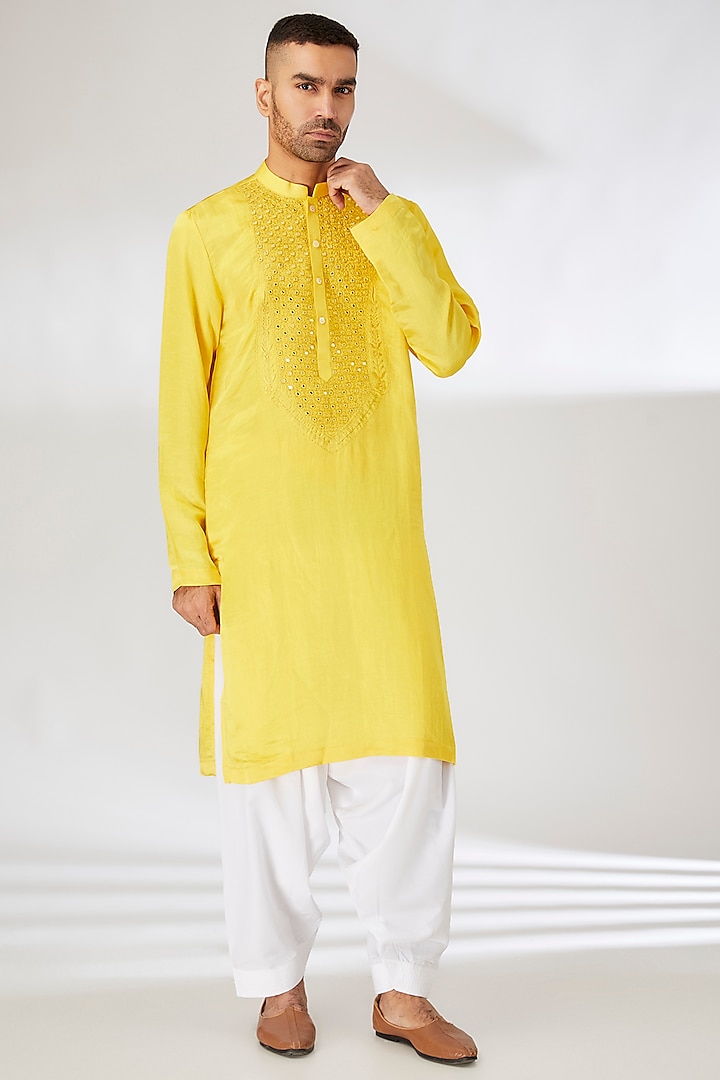 Yellow Linen Cotton Silk Mirror Embroidered Kurta Set by Ankit V Kapoor