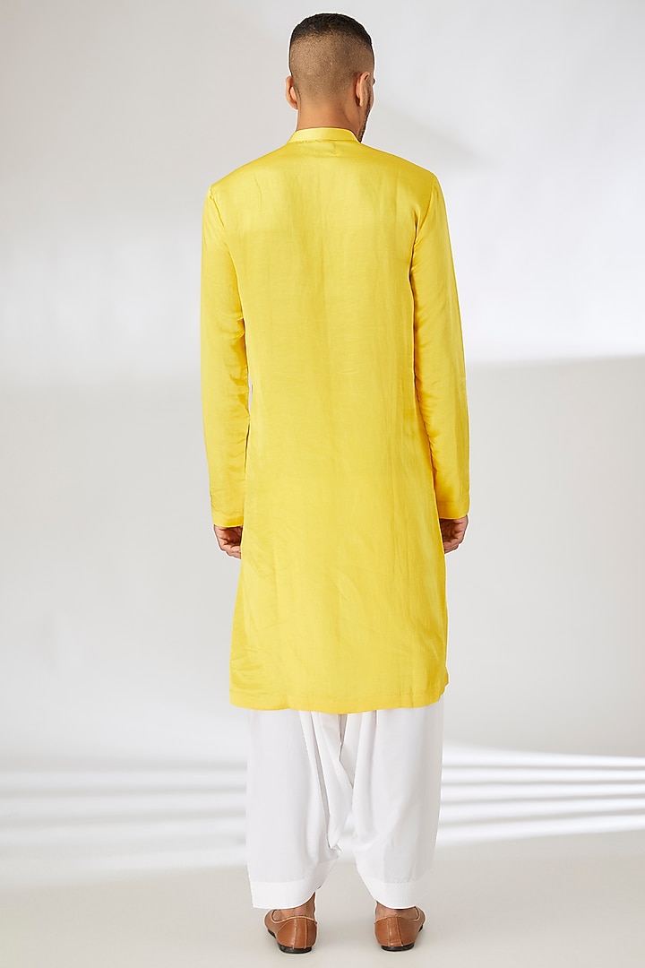 Yellow Linen Cotton Silk Mirror Embroidered Kurta Set by Ankit V Kapoor at Pernia's Pop Up Shop