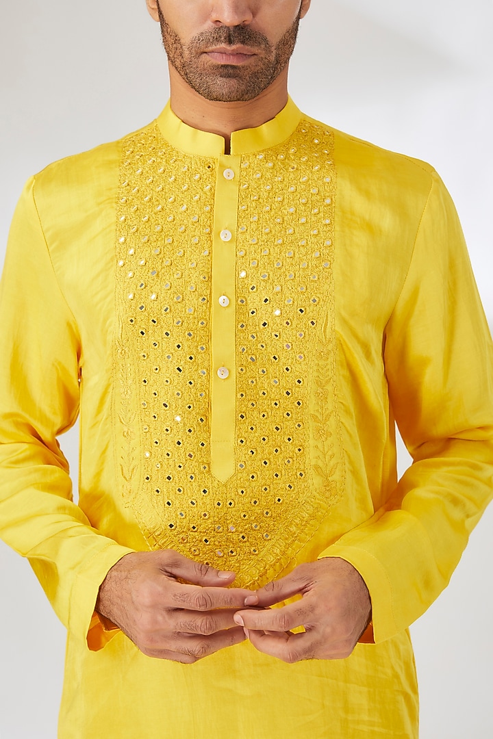 Yellow Linen Cotton Silk Mirror Embroidered Kurta Set by Ankit V Kapoor at Pernia's Pop Up Shop