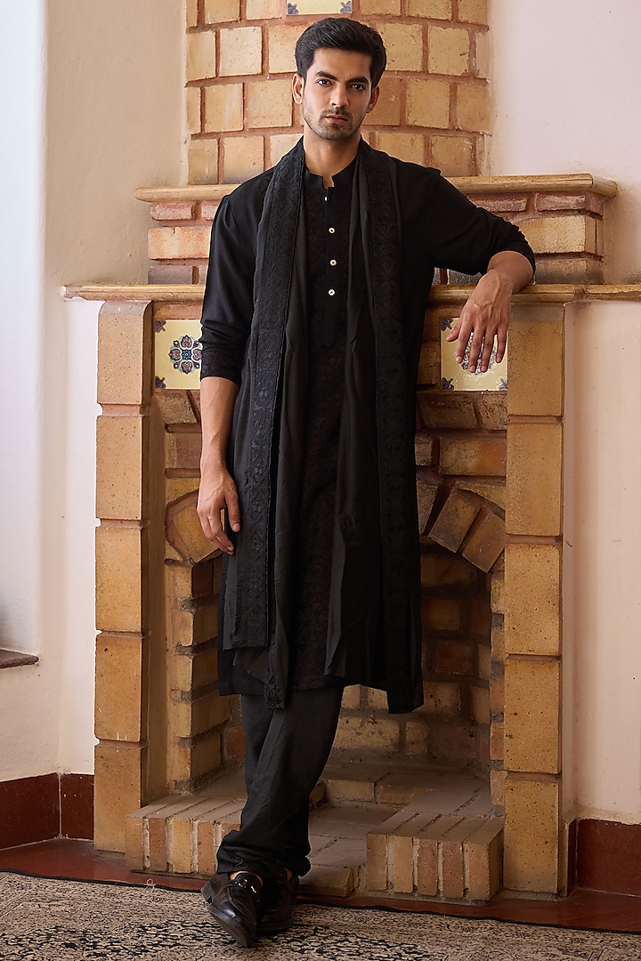 Black Cotton Silk Thread Embroidered Kurta Set by Ankit V Kapoor