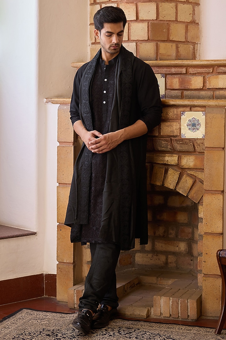 Black Cotton Silk Thread Embroidered Kurta Set by Ankit V Kapoor at Pernia's Pop Up Shop