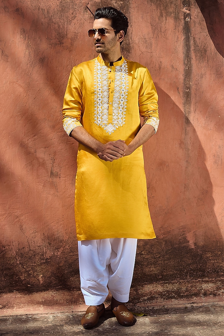 Mustard Viscose Cotton Silk Machine Embroidered Kurta Set by Ankit V Kapoor