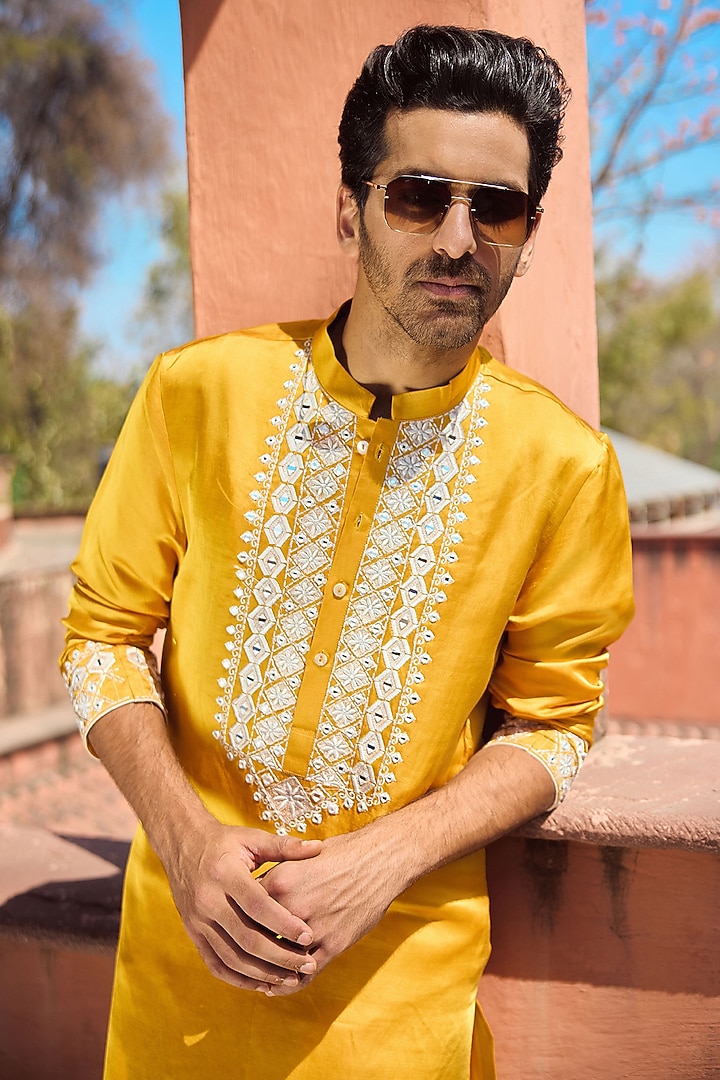 Mustard Viscose Cotton Silk Machine Embroidered Kurta Set by Ankit V Kapoor at Pernia's Pop Up Shop