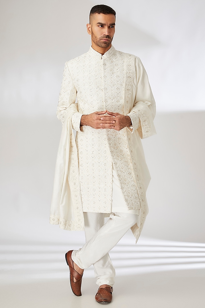 Ivory Silk Blend Hand & Machine Embroidered Sherwani Set by Ankit V Kapoor