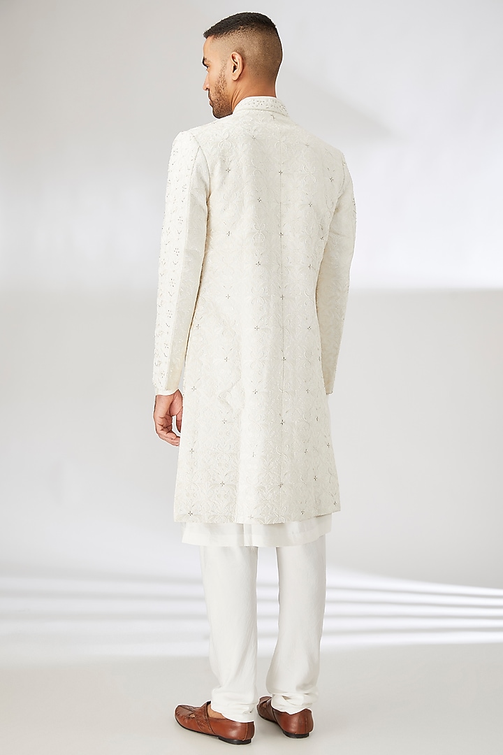 Ivory Silk Blend Hand & Machine Embroidered Groom Sherwani Set by Ankit V Kapoor at Pernia's Pop Up Shop