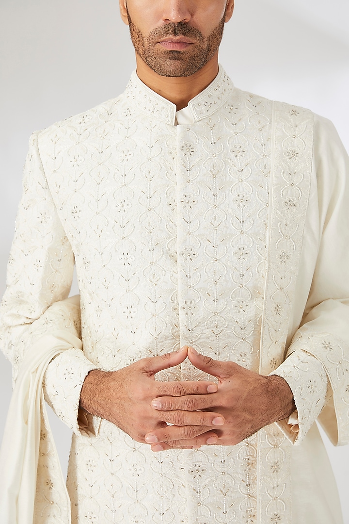 Ivory Silk Blend Hand & Machine Embroidered Groom Sherwani Set by Ankit V Kapoor at Pernia's Pop Up Shop