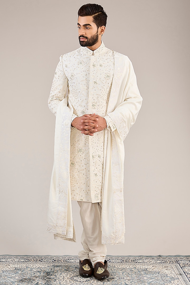 Ivory Cotton & Silk Machine Embroidered Sherwani Set by Ankit V Kapoor