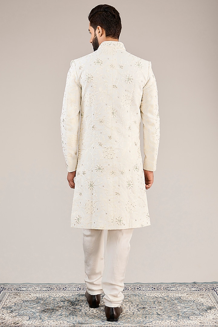 Ivory Cotton & Silk Machine Embroidered Groom Sherwani Set by Ankit V Kapoor at Pernia's Pop Up Shop
