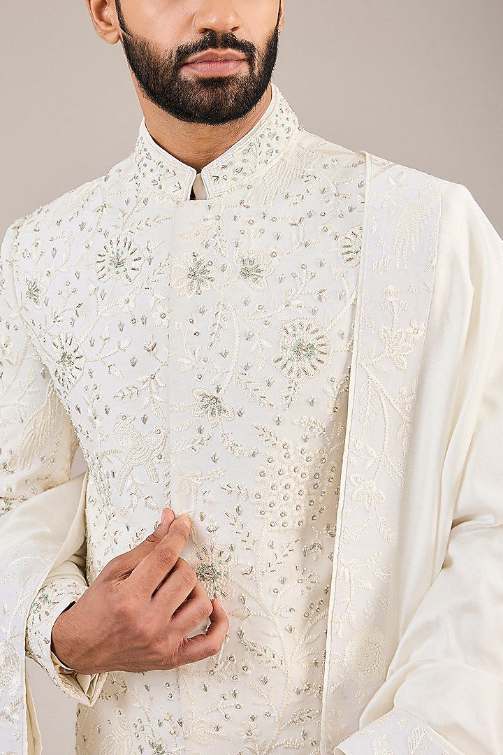 Ivory Cotton & Silk Machine Embroidered Groom Sherwani Set by Ankit V Kapoor at Pernia's Pop Up Shop