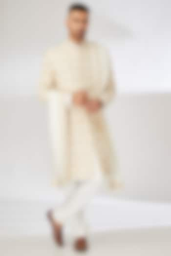 Ivory Silk Blend Hand & Machine Embroidered Sherwani Set by Ankit V Kapoor