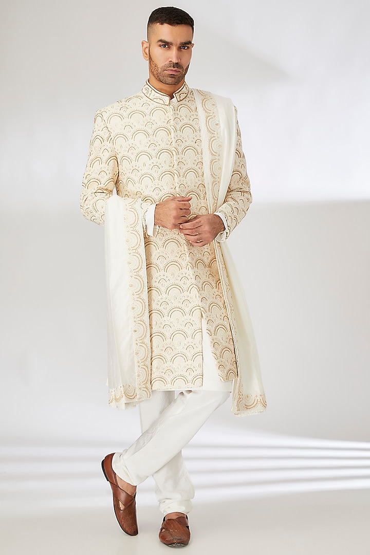 Ivory Silk Blend Hand & Machine Embroidered Sherwani Set by Ankit V Kapoor