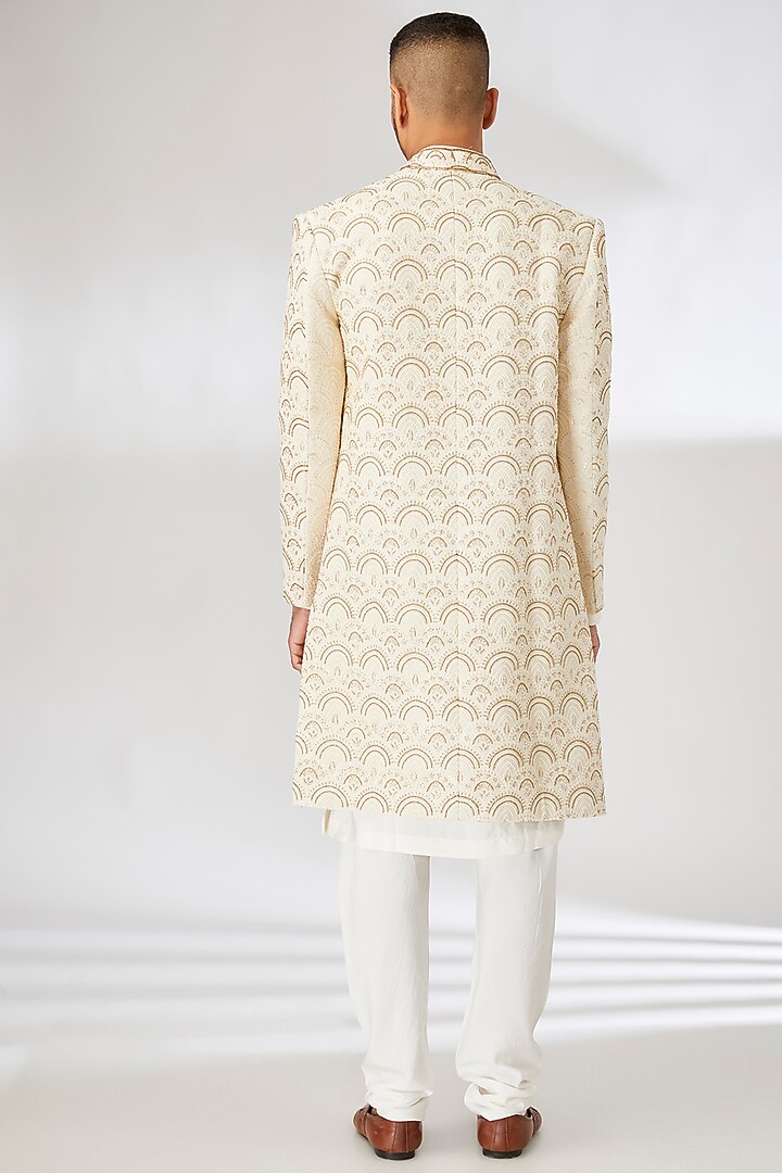 Ivory Silk Blend Hand & Machine Embroidered Groom Sherwani Set by Ankit V Kapoor at Pernia's Pop Up Shop