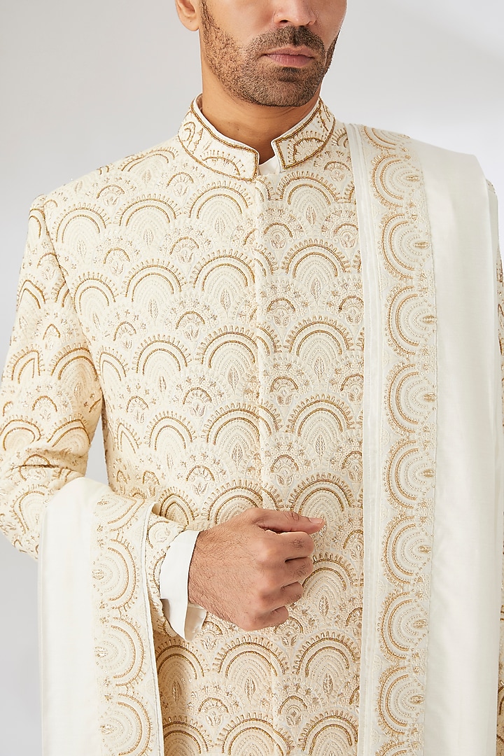 Ivory Silk Blend Hand & Machine Embroidered Groom Sherwani Set by Ankit V Kapoor at Pernia's Pop Up Shop