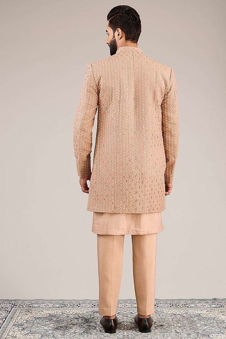 Peach Viscose Cotton Silk & Georgette Mirror Machine Embroidered Open Wedding Indowestern Set by Ankit V Kapoor at Pernia's Pop Up Shop