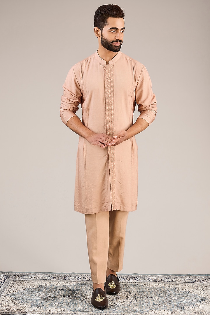 Peach Viscose Cotton Silk & Georgette Mirror Machine Embroidered Open Wedding Indowestern Set by Ankit V Kapoor at Pernia's Pop Up Shop