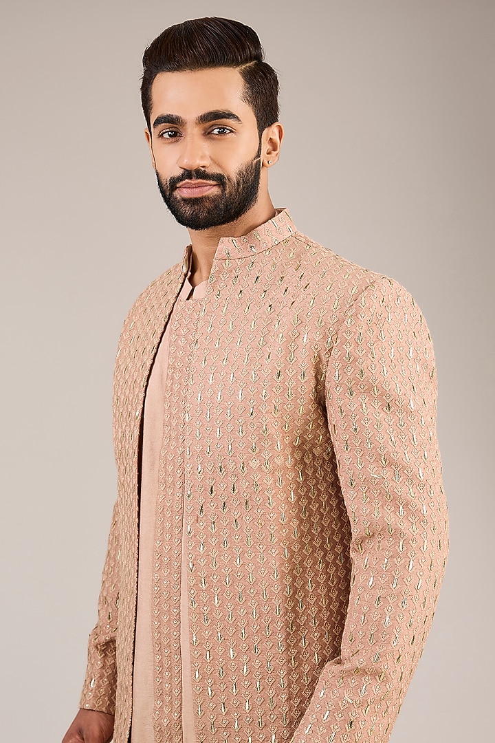 Peach Viscose Cotton Silk & Georgette Mirror Machine Embroidered Open Wedding Indowestern Set by Ankit V Kapoor at Pernia's Pop Up Shop